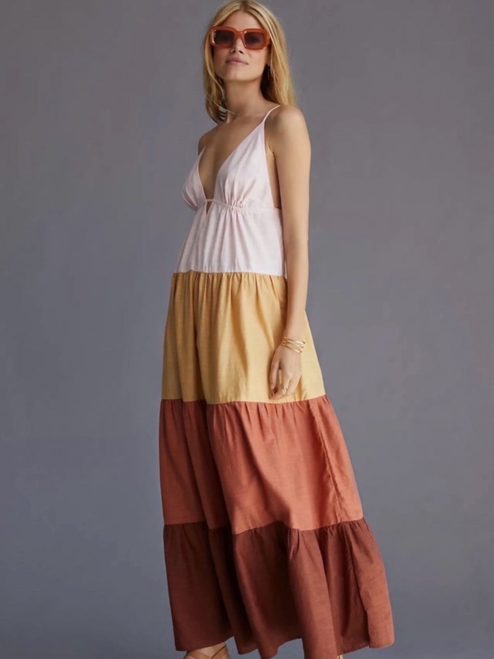 NWOT Anthropologie Tiered Maxi Dress in Blush, Mustard & Terracotta Brown